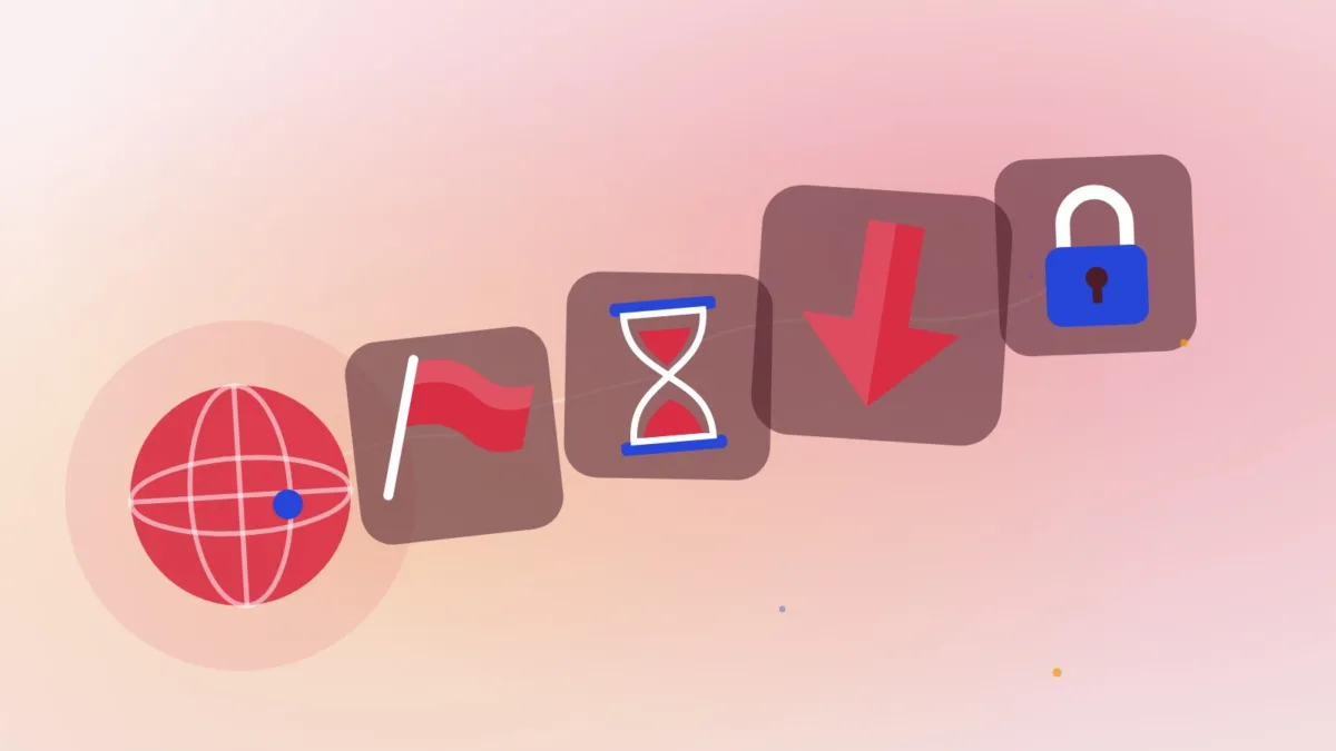 Illustration of a globe, a flag, an hourglass, a down arrow and a padlock