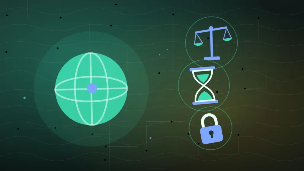 Globe beside scales of justice, an hourglass and a closed padlock on blue