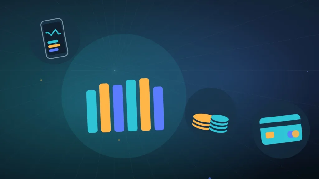 Bar chart with a payment card, stacked coins and a smartphone app
