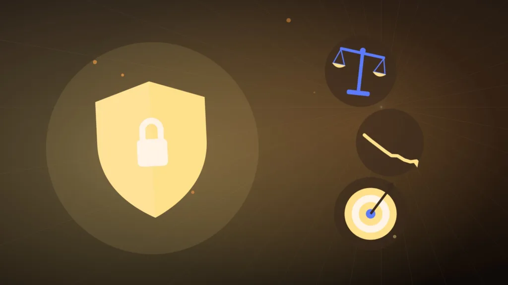 Abstract shield and balance scales above a falling line aimed at a target
