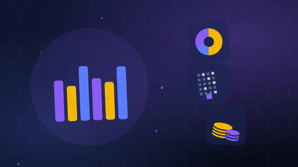 Abstract bar chart and pie chart beside an office tower and coin stacks