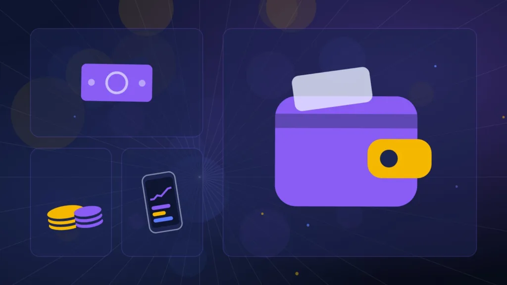 Abstract wallet with banknotes and stacked coins beside a smartphone showing an app