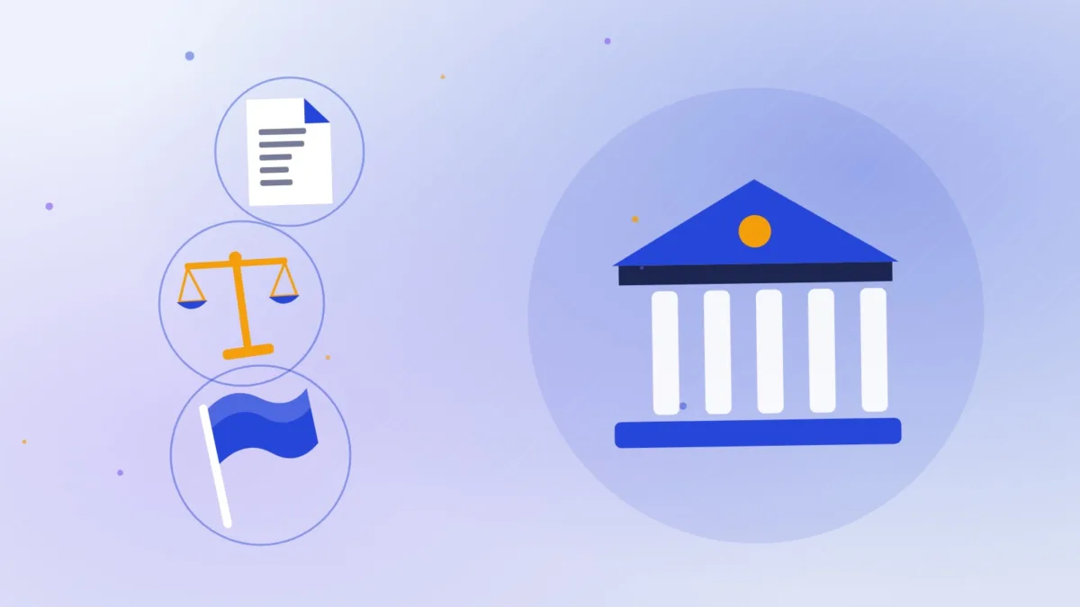 Abstract bank building beside a document, balanced scales and a flag