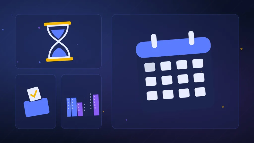 Abstract calendar and hourglass beside a ballot box and a city skyline