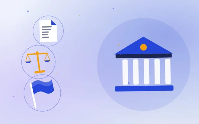 Bâtiment de banque stylisé près d’un document, d’une balance en équilibre et d’un drapeau