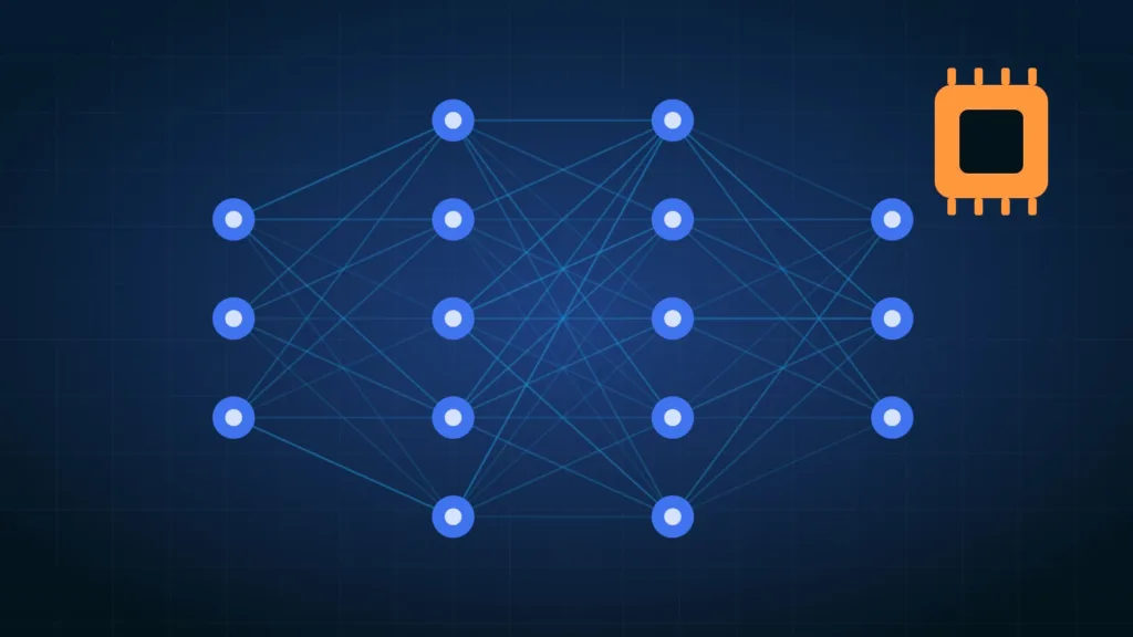 Réseau abstrait de nœuds et de circuits lumineux évoquant l'intelligence artificielle et le calcul informatique