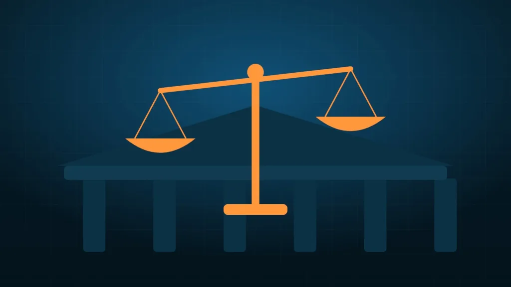 Balance en équilibre au-dessus de formes géométriques abstraites évoquant la réglementation financière et les agréments