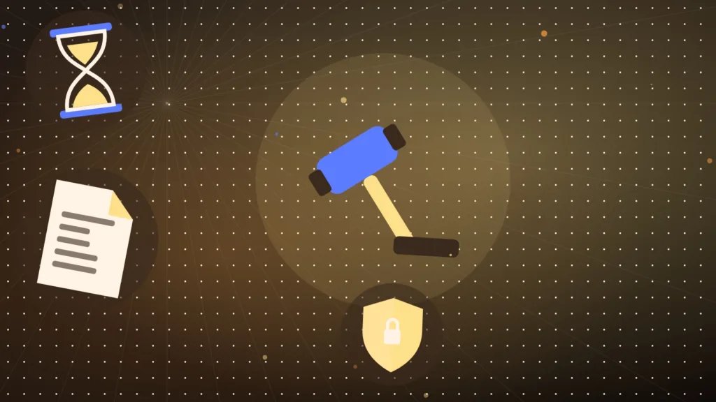 A gavel beside an hourglass, a document and a shield on a plain background