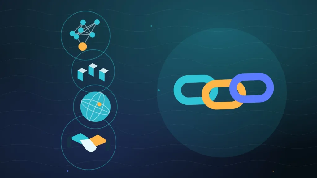 Chain links and connected nodes over isometric blocks, a globe and a handshake