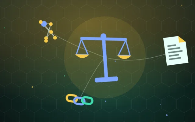 Balanced scales beside a document, chain links and connected network nodes