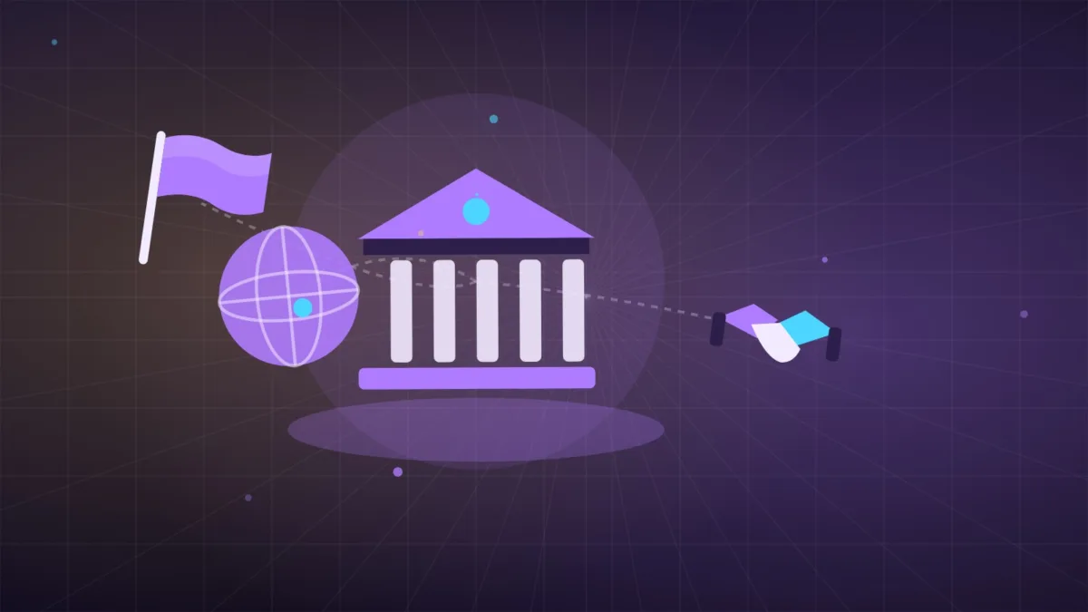 Abstract bank building and globe joined by a handshake, with small flags around