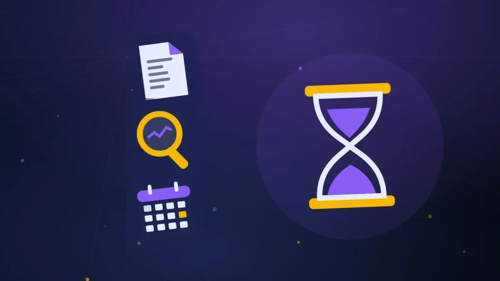 Abstract hourglass next to a document, a magnifying glass and an open calendar