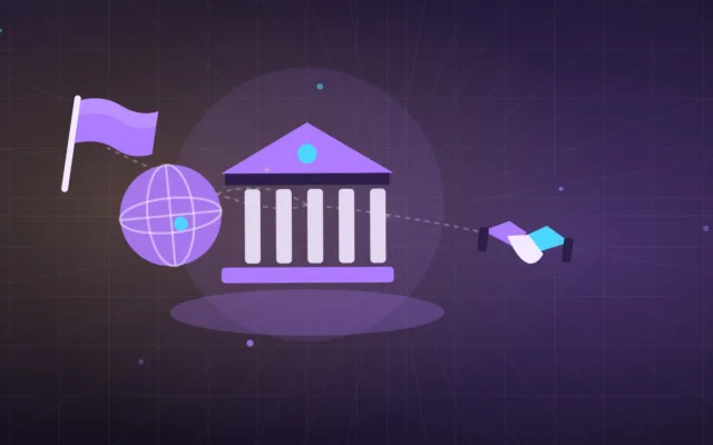Abstract bank building and globe joined by a handshake, with small flags around