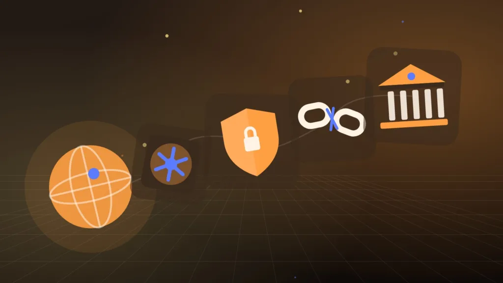 Abstract globe with a vault door, a shield, a broken chain and a bank