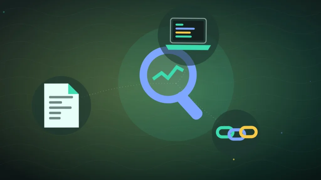 Magnifying glass over a laptop beside linked chain segments and a document