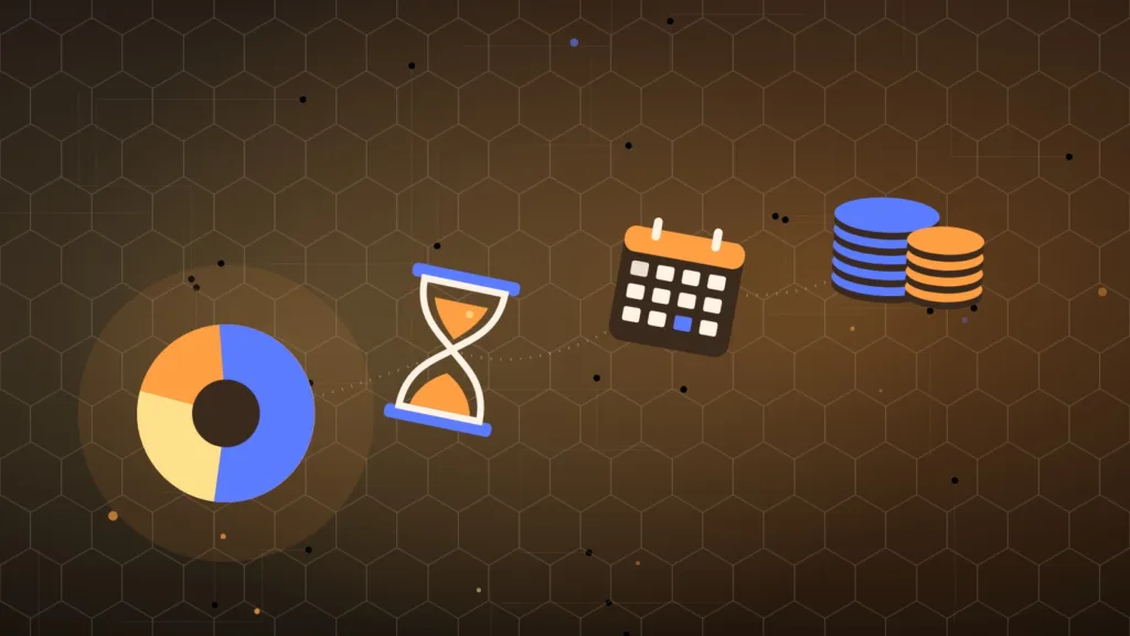 Pie chart, hourglass and calendar page set beside stacks of coins