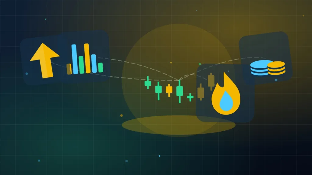 Illustration de chandeliers, d'un graphique en barres, d'une flamme, d'une flèche vers le haut et de piles de pièces