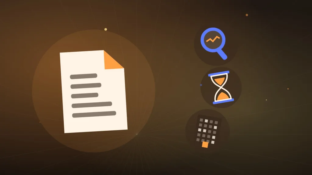 Abstract document under a magnifying glass beside an hourglass and an office tower
