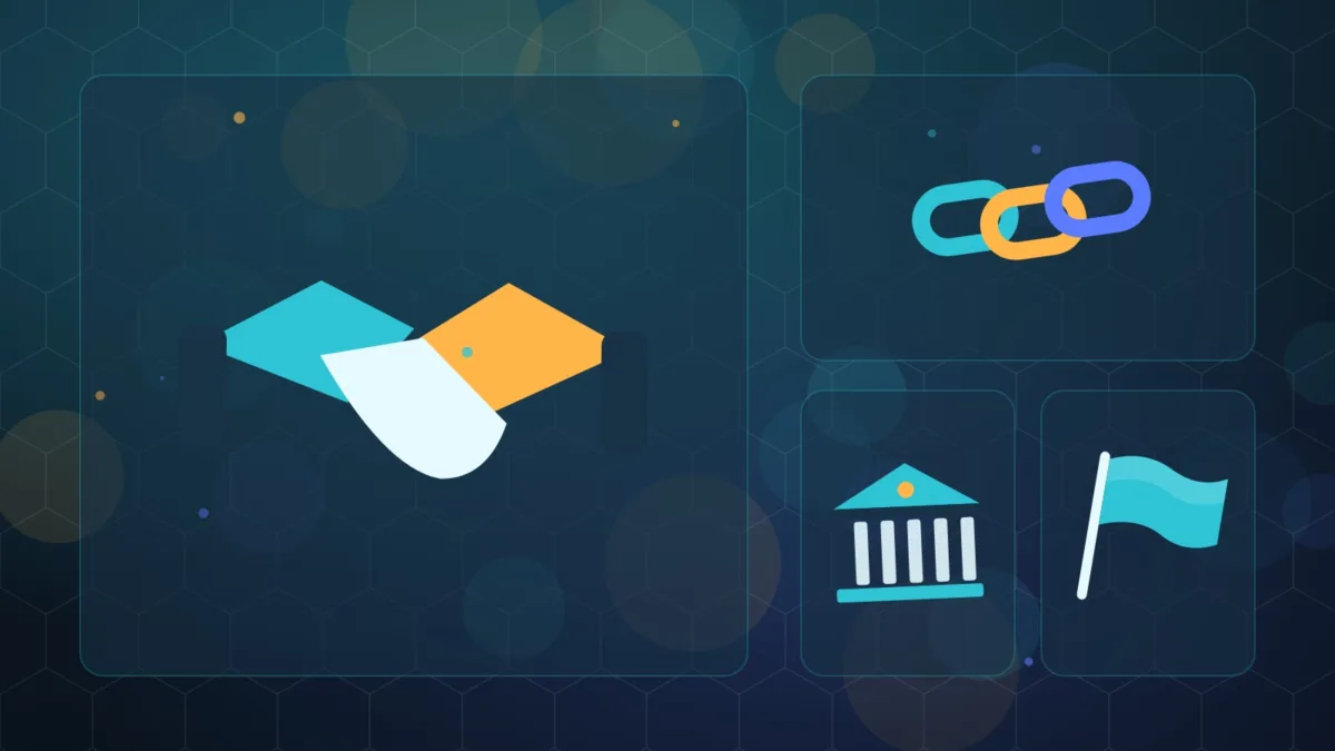 Abstract handshake above a chain, a bank building and a plain flag