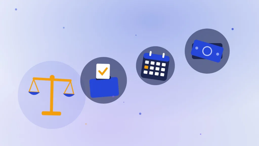 Abstract balanced scales beside a ballot box, a calendar and banknotes