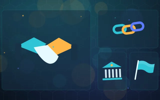 Abstract handshake above a chain, a bank building and a plain flag