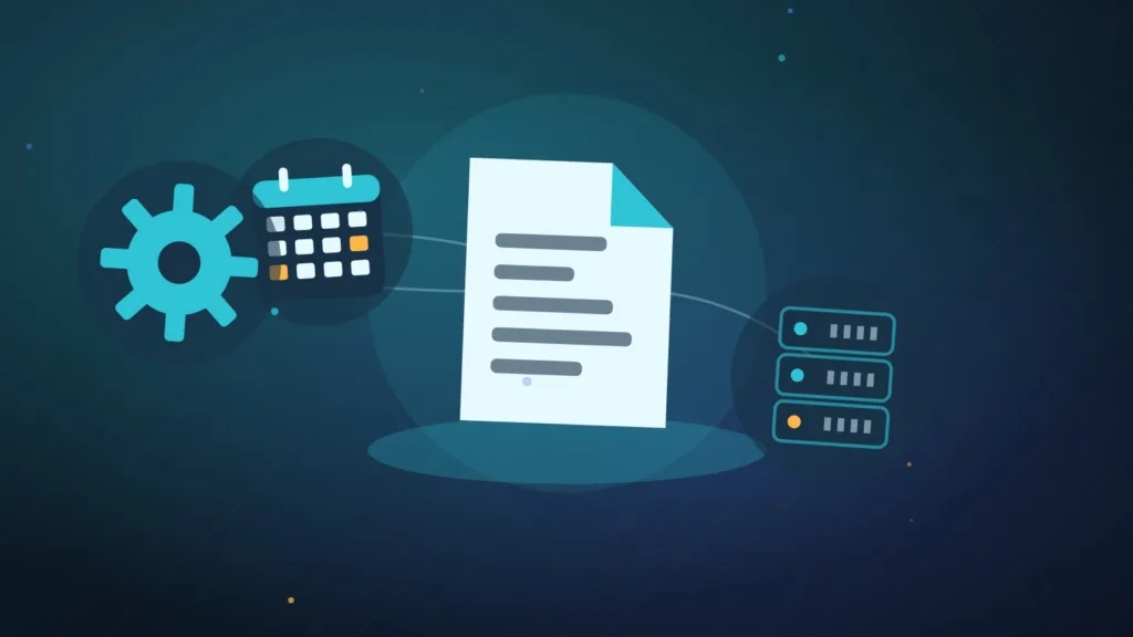 Abstract document and calendar beside a server rack and a turning gear