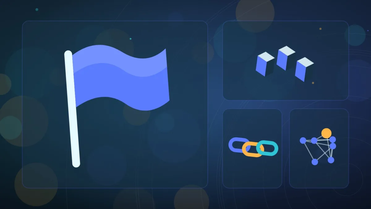 Abstract plain flag over isometric blocks joined by chain links and network nodes