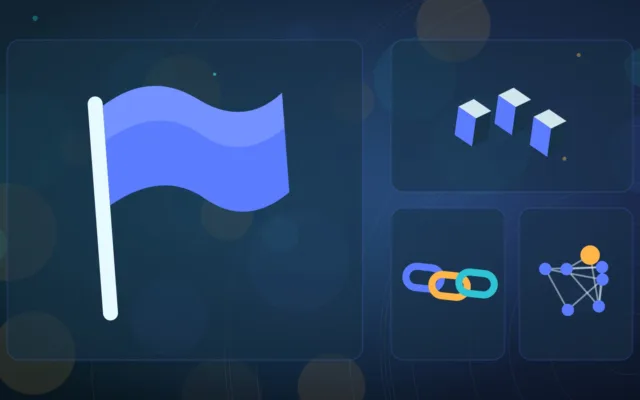 Abstract plain flag over isometric blocks joined by chain links and network nodes