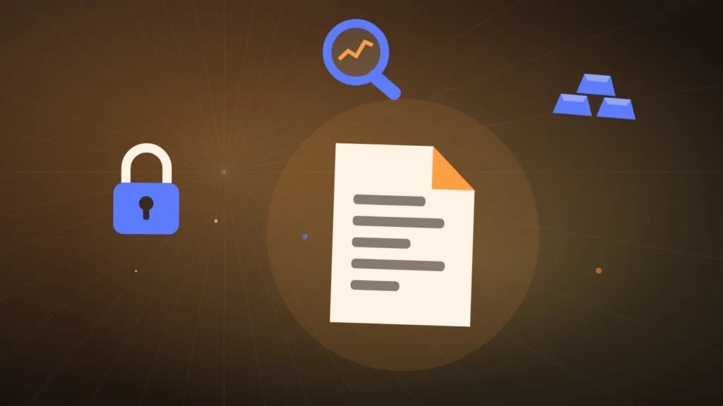 Magnifying glass over a report beside gold bars and a closed padlock
