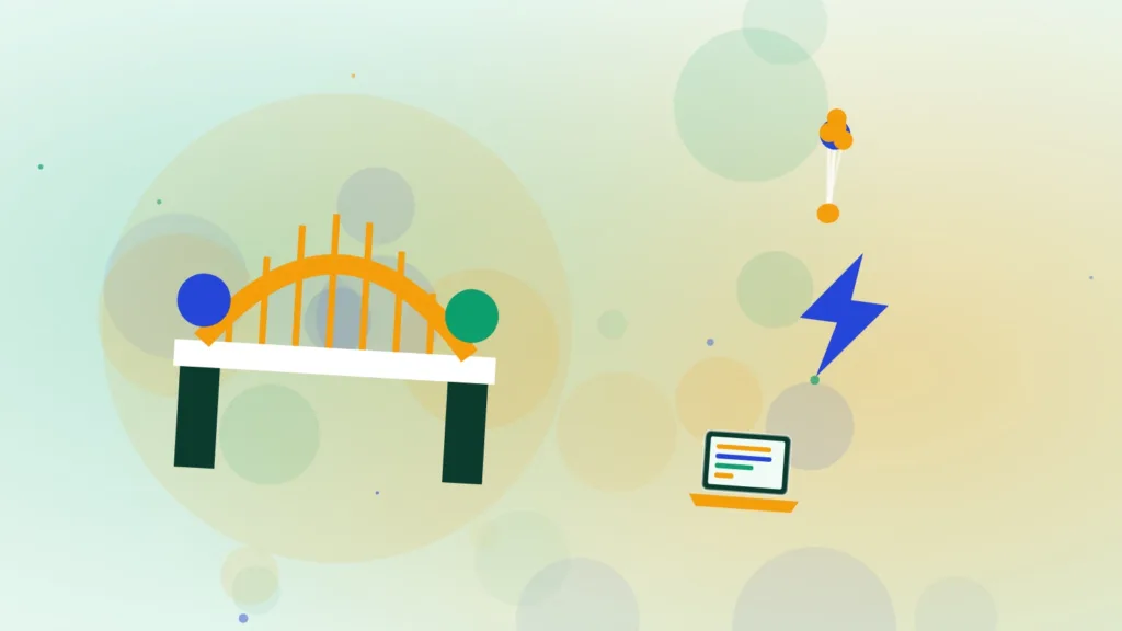 A bridge between connected network nodes, a lightning bolt and an open laptop