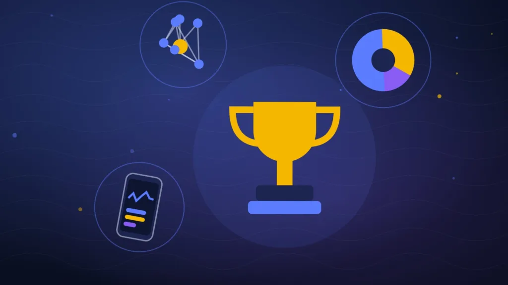 Illustration d'un trophée, d'un camembert, d'un smartphone et de nœuds reliés