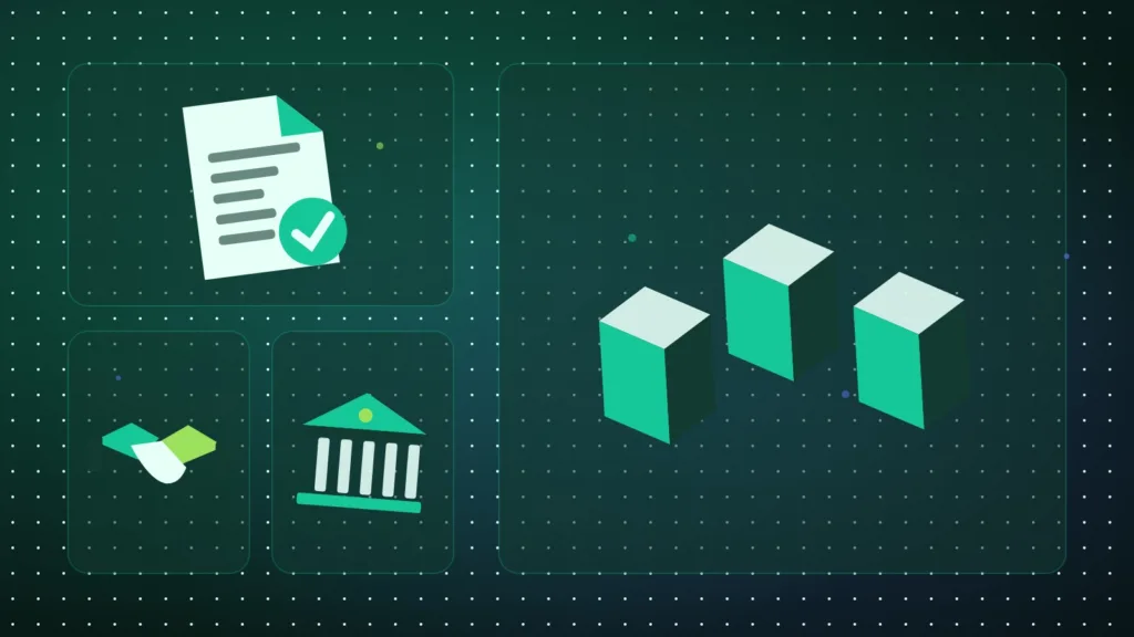 Illustration de blocs, d'un document signé, d'une poignée de main et d'une banque