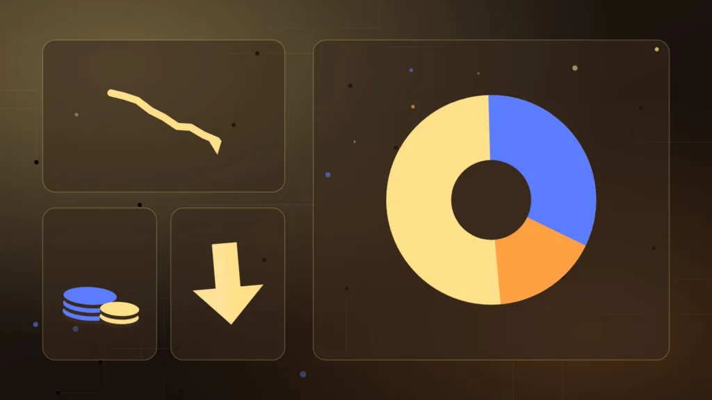 Abstract pie chart beside stacked coins, a falling line and a downward arrow