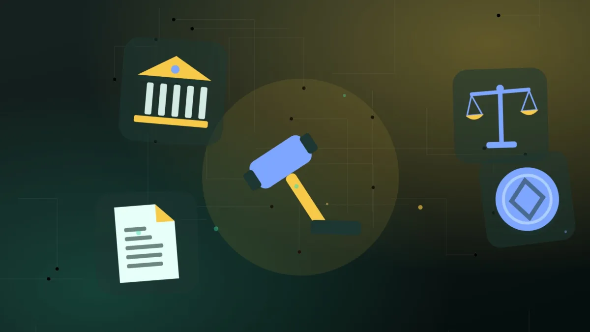 Abstract gavel and balanced scales beside a document, a coin and a bank building
