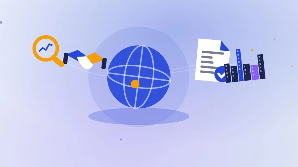 Abstract globe and handshake over a signed contract, a magnifier and a city skyline