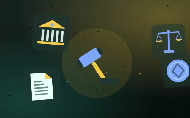Abstract gavel and balanced scales beside a document, a coin and a bank building