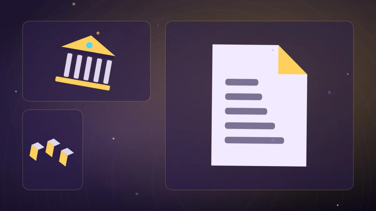 Abstract report document beside a bank building and stacked digital blocks