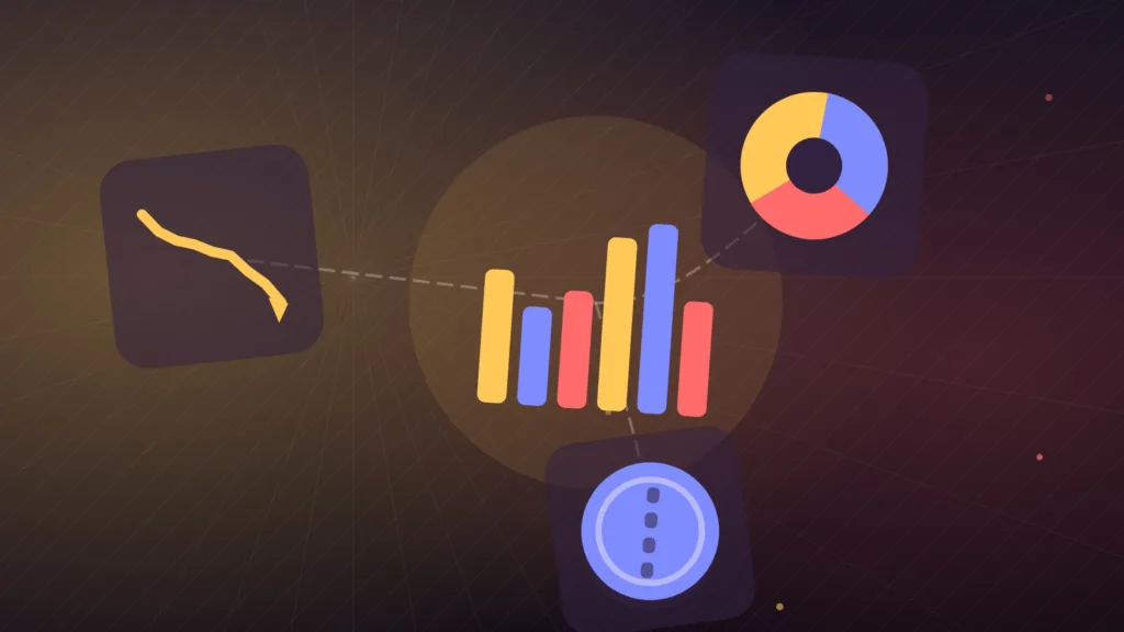 Abstract bar chart, falling line and pie chart beside a single token coin