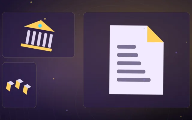 Abstract report document beside a bank building and stacked digital blocks