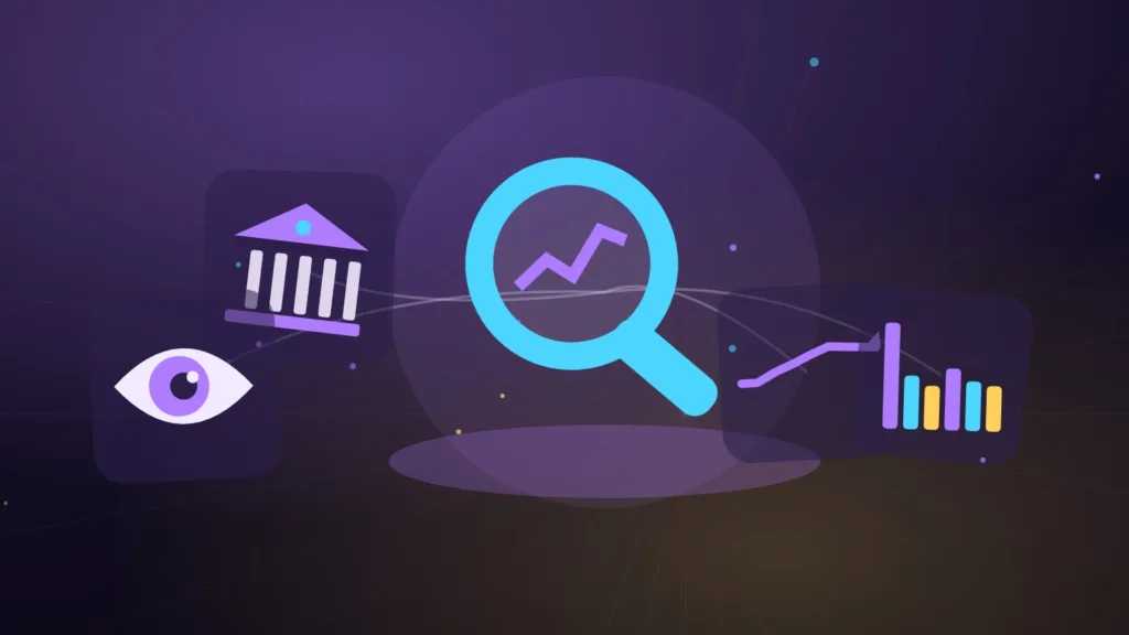 Magnifying glass over a bank with bar charts, rising line and eye