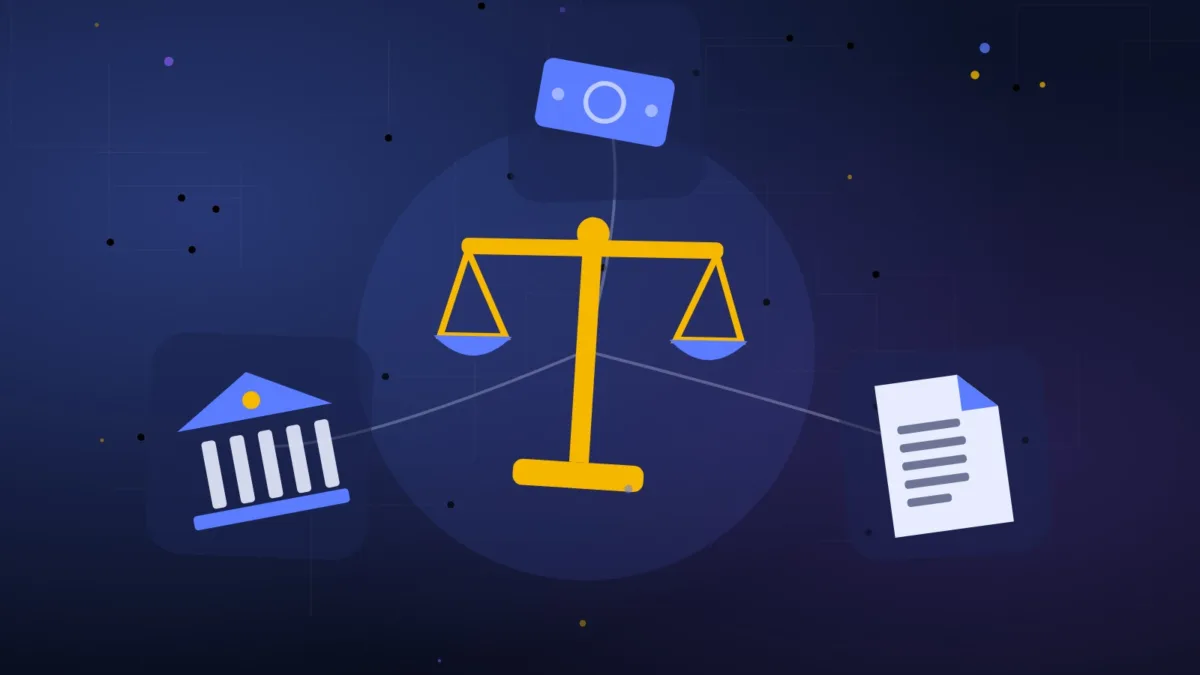 Abstract scales of justice beside a bank building, banknotes and a document