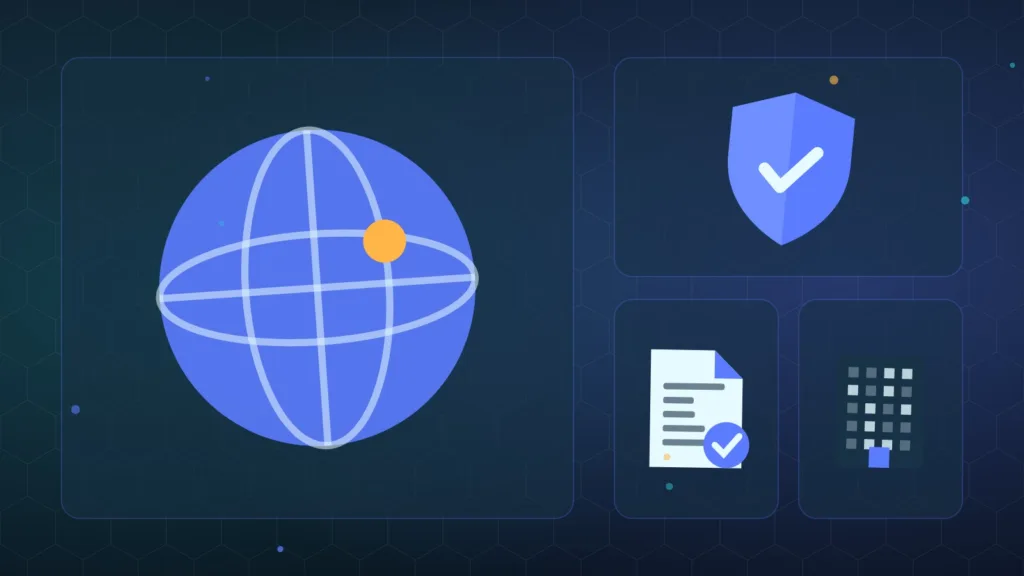 Abstract globe and shield beside a signed contract and an office tower