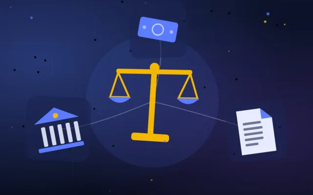 Abstract scales of justice beside a bank building, banknotes and a document