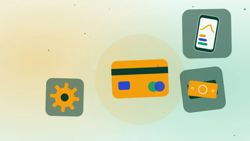 Illustrazione di una carta di pagamento, di uno smartphone, di un ingranaggio e di banconote