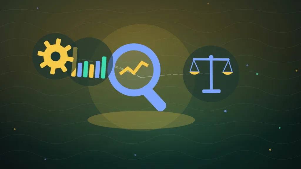Magnifying glass over two uneven bar charts beside balanced scales and a gear