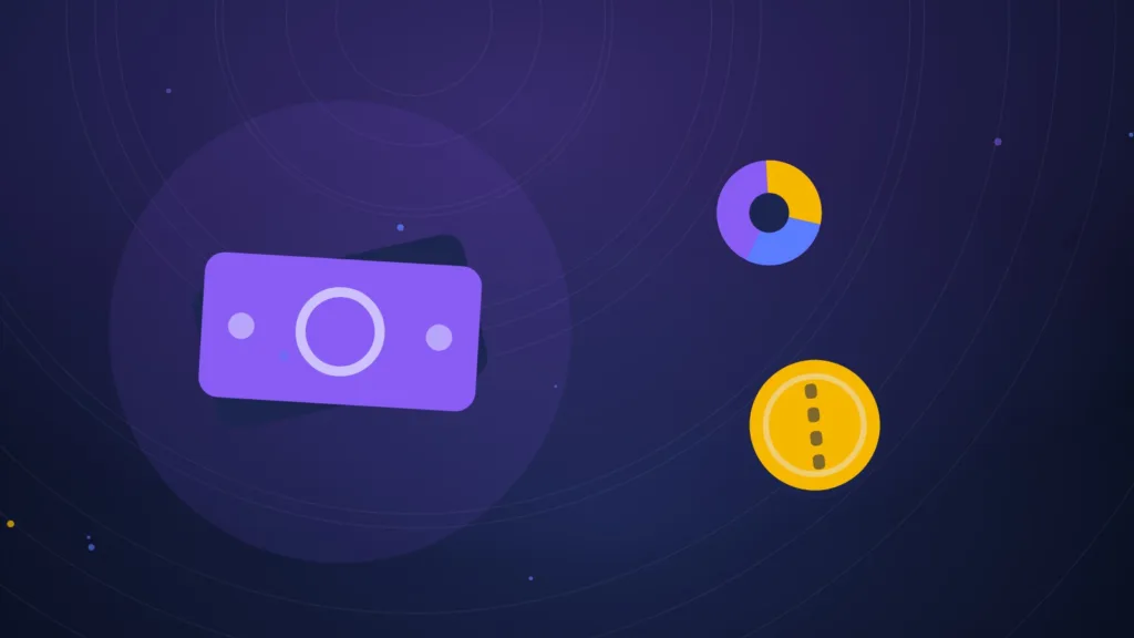 Abstract banknotes beside a pie chart and a coin on a dark background