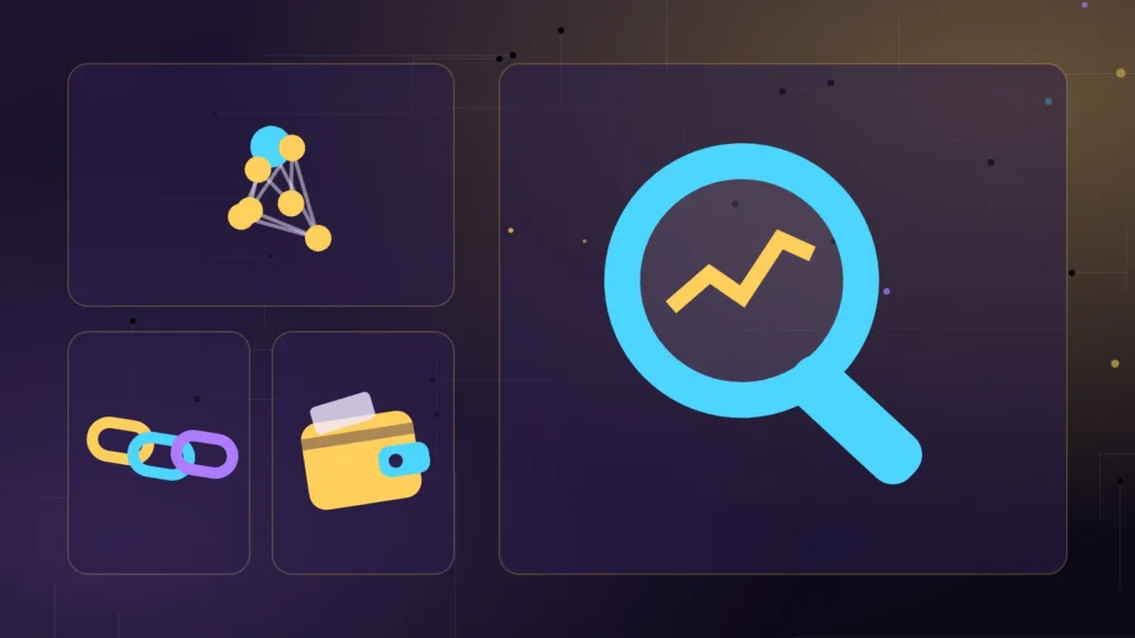 Abstract magnifying glass over linked chain nodes and a wallet on a dark grid