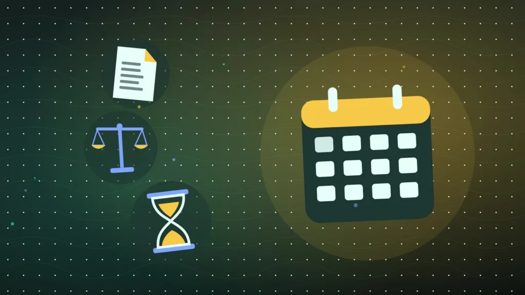 Abstract calendar and document beside balanced scales and an hourglass