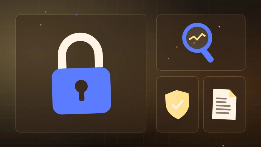 Abstract padlock and magnifying glass over a shield and a folded document