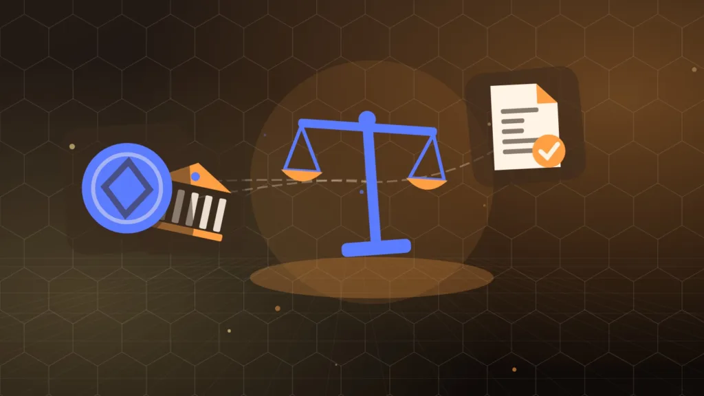 Scales of justice beside a bank building, a signed licence and a coin